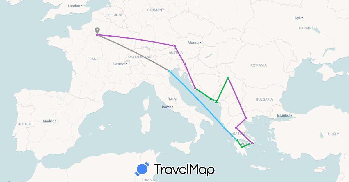 TravelMap itinerary: driving, bus, plane, train, boat in Austria, France, Greece, Croatia, Italy, Montenegro, Serbia, Slovenia (Europe)